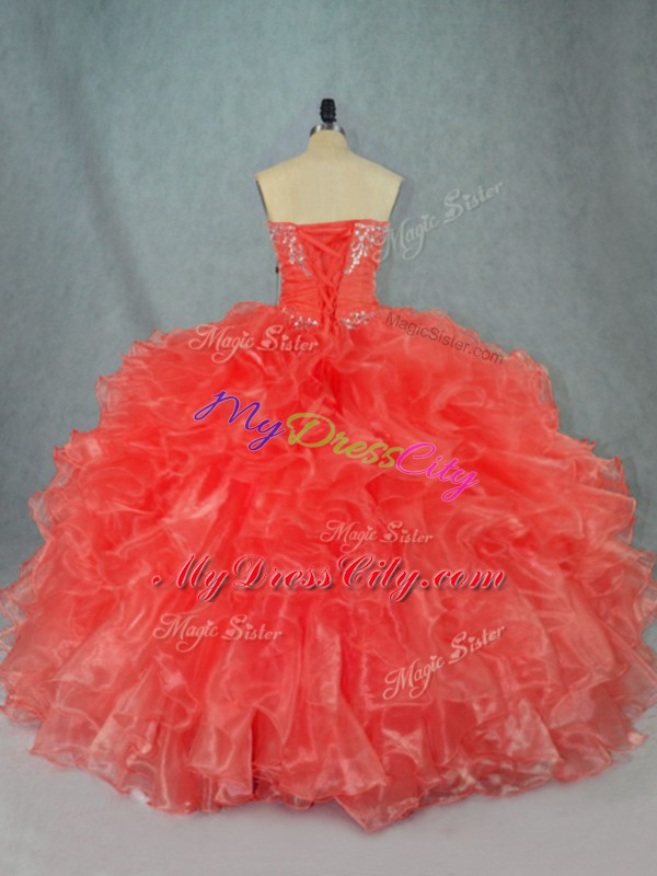 High Quality Red Organza Lace Up Strapless Sleeveless Floor Length 15 Quinceanera Dress Beading and Ruffles