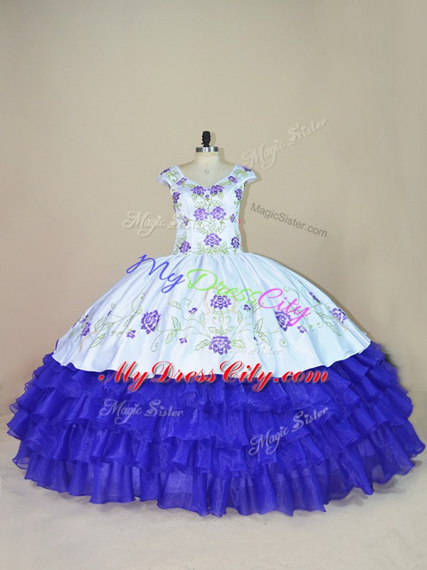 High End White And Purple Ball Gowns Embroidery and Ruffled Layers 15th Birthday Dress Lace Up Satin and Organza Cap Sleeves Floor Length