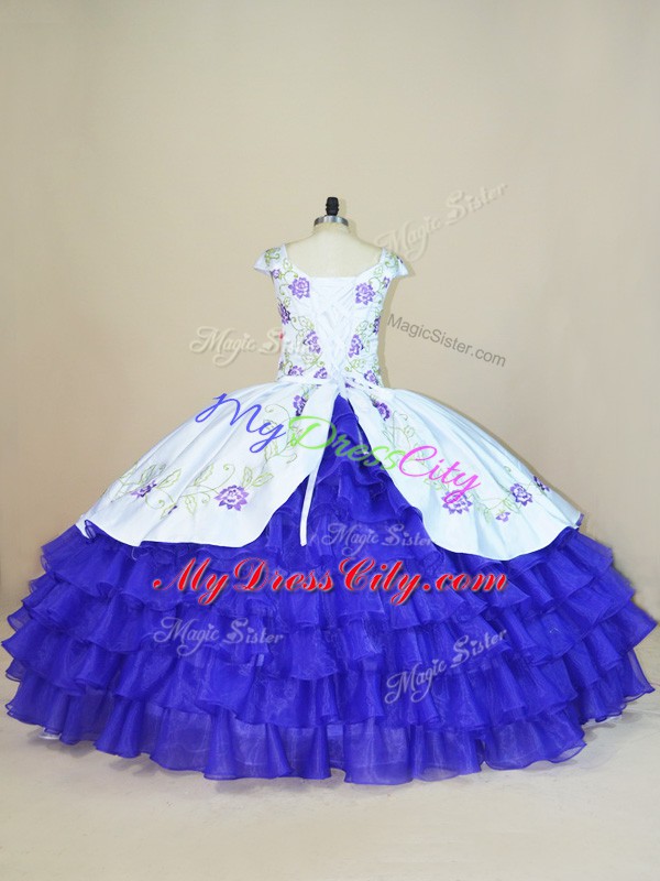 High End White And Purple Ball Gowns Embroidery and Ruffled Layers 15th Birthday Dress Lace Up Satin and Organza Cap Sleeves Floor Length