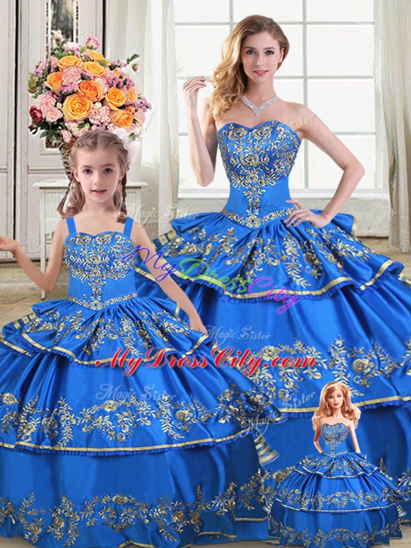 Designer Royal Blue Lace Up Sweetheart Embroidery and Ruffled Layers Ball Gown Prom Dress Satin and Organza Sleeveless