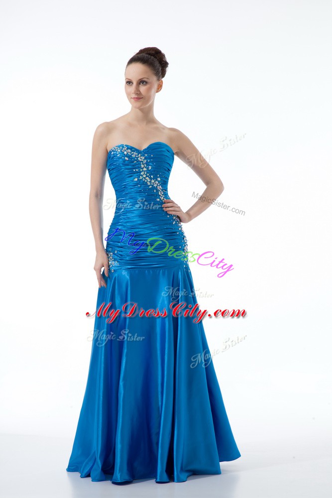 Dramatic Beading and Ruching Formal Dresses Blue Zipper Sleeveless Floor Length