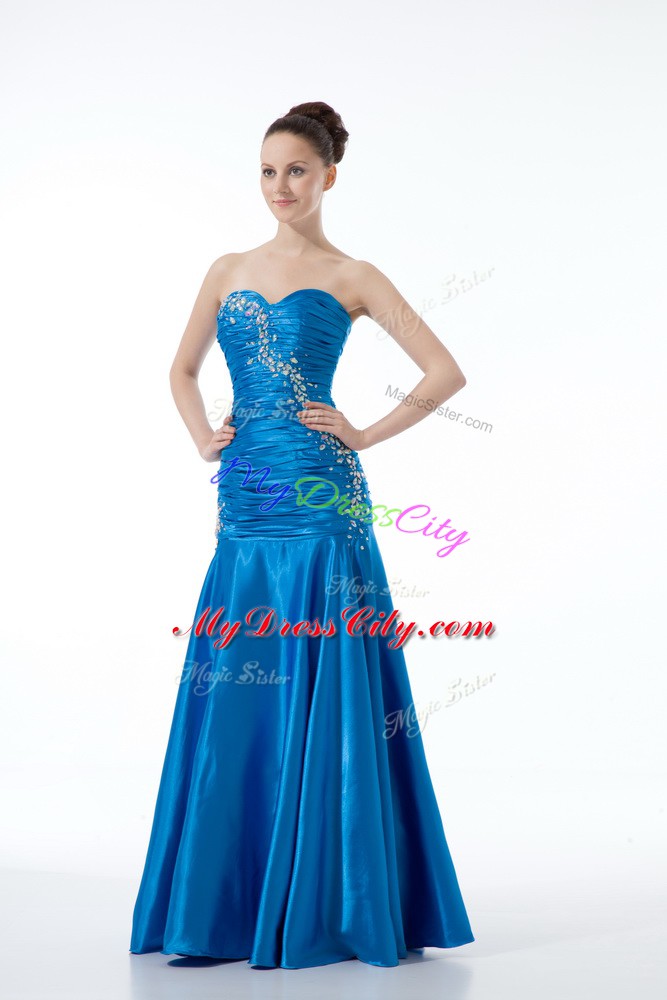 Dramatic Beading and Ruching Formal Dresses Blue Zipper Sleeveless Floor Length