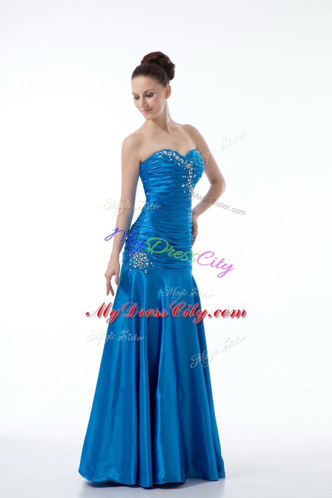 Dramatic Beading and Ruching Formal Dresses Blue Zipper Sleeveless Floor Length