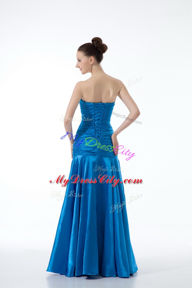 Dramatic Beading and Ruching Formal Dresses Blue Zipper Sleeveless Floor Length