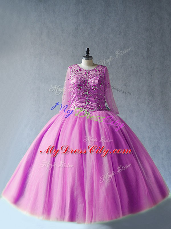 Comfortable Scoop Long Sleeves Tulle Sweet 16 Dresses Beading Lace Up