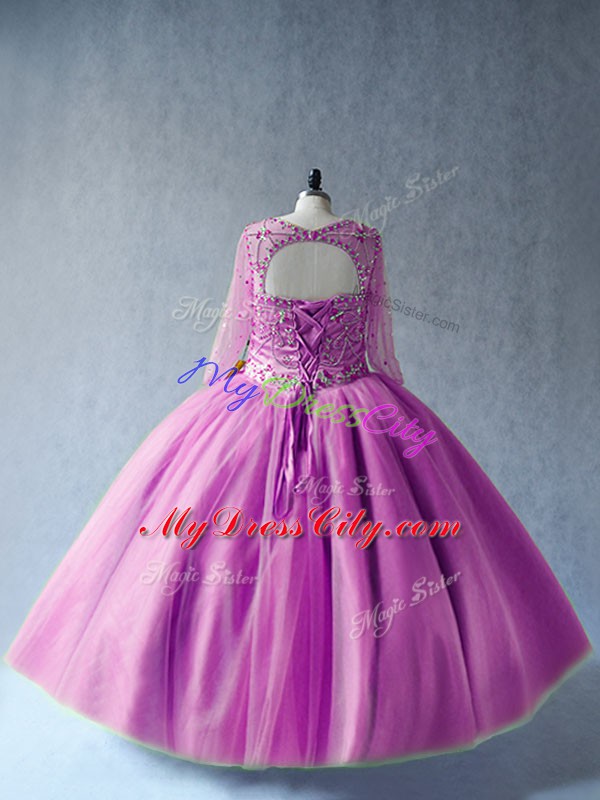 Comfortable Scoop Long Sleeves Tulle Sweet 16 Dresses Beading Lace Up