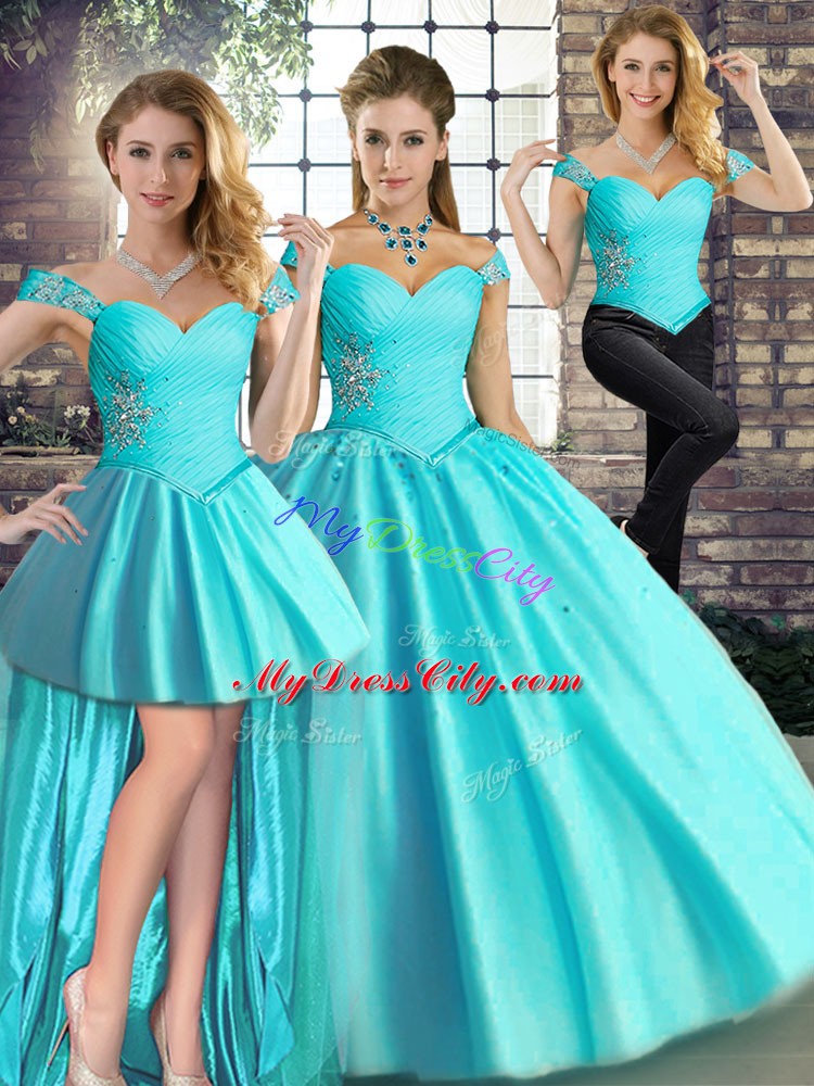 Hot Sale Aqua Blue Sleeveless Floor Length Beading Lace Up Quinceanera Dress