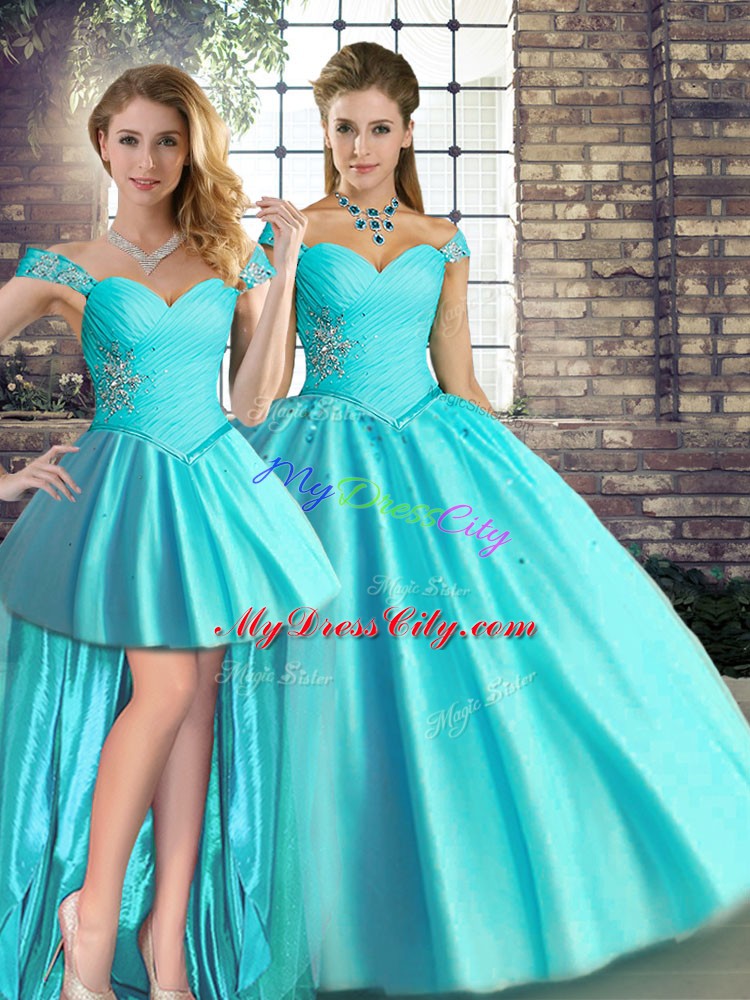 Hot Sale Aqua Blue Sleeveless Floor Length Beading Lace Up Quinceanera Dress