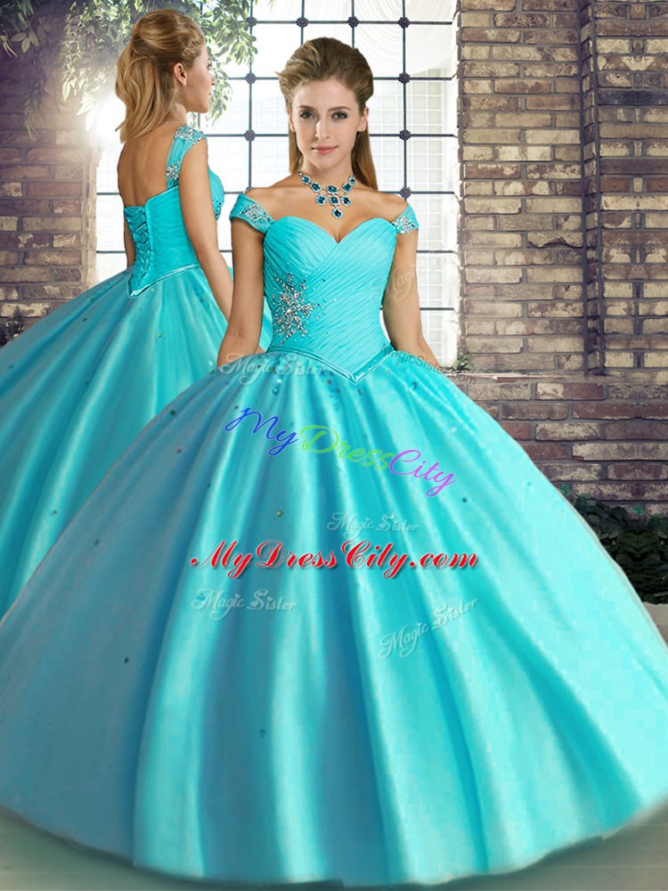 Hot Sale Aqua Blue Sleeveless Floor Length Beading Lace Up Quinceanera Dress