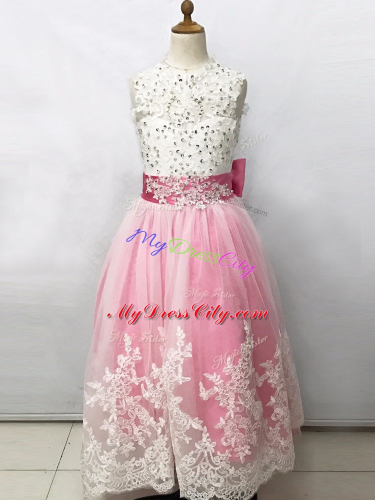 Pink And White Lace Up Scoop Beading and Lace and Bowknot Flower Girl Dresses Tulle Sleeveless