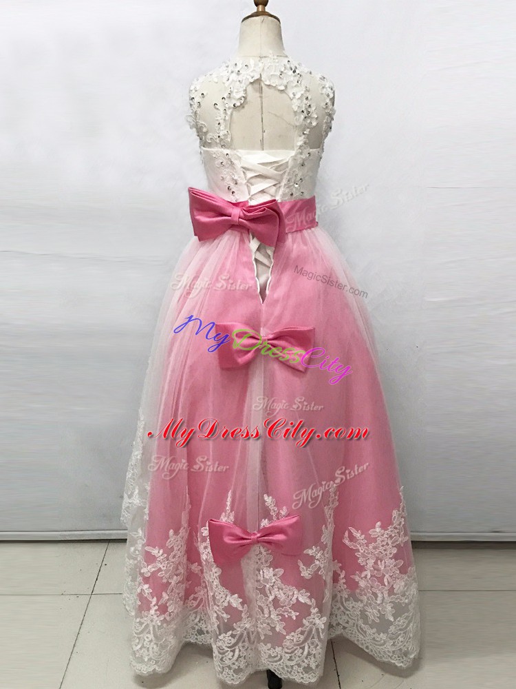 Pink And White Lace Up Scoop Beading and Lace and Bowknot Flower Girl Dresses Tulle Sleeveless