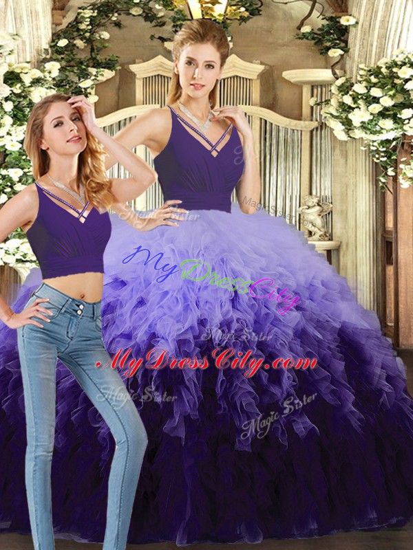 Purple and Multi-color Sleeveless Floor Length Beading and Ruffles Backless Quinceanera Gown