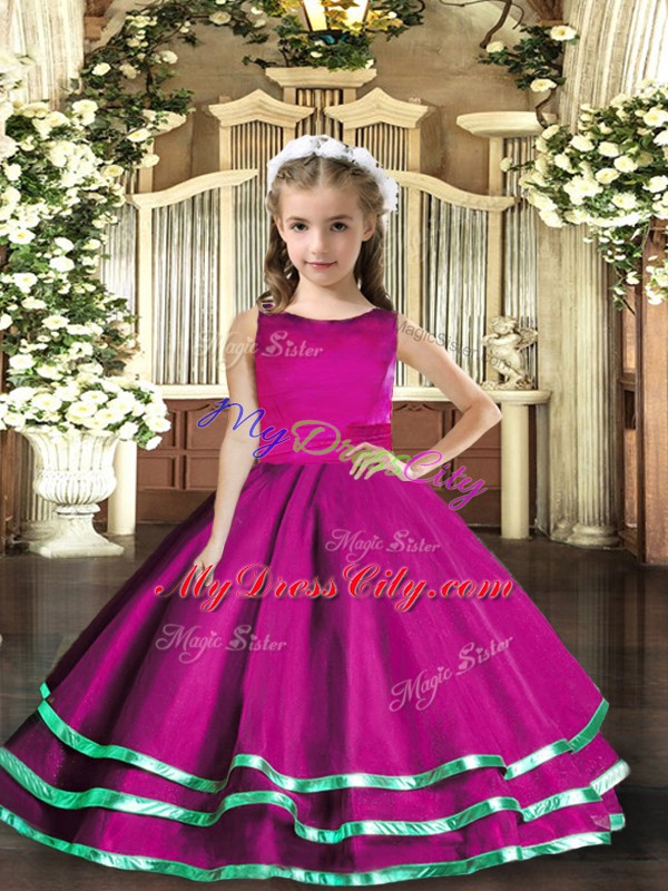 Luxurious Fuchsia Lace Up Scoop Ruffled Layers Little Girls Pageant Dress Tulle Sleeveless