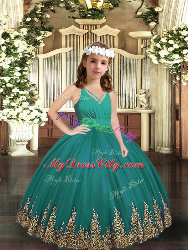 High Class Turquoise Sleeveless Embroidery Floor Length Pageant Gowns For Girls