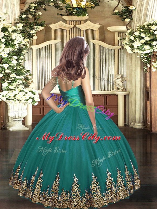 High Class Turquoise Sleeveless Embroidery Floor Length Pageant Gowns For Girls