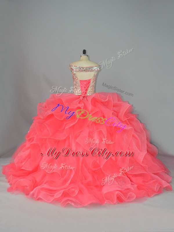 Enchanting Watermelon Red 15th Birthday Dress Off The Shoulder Sleeveless Lace Up