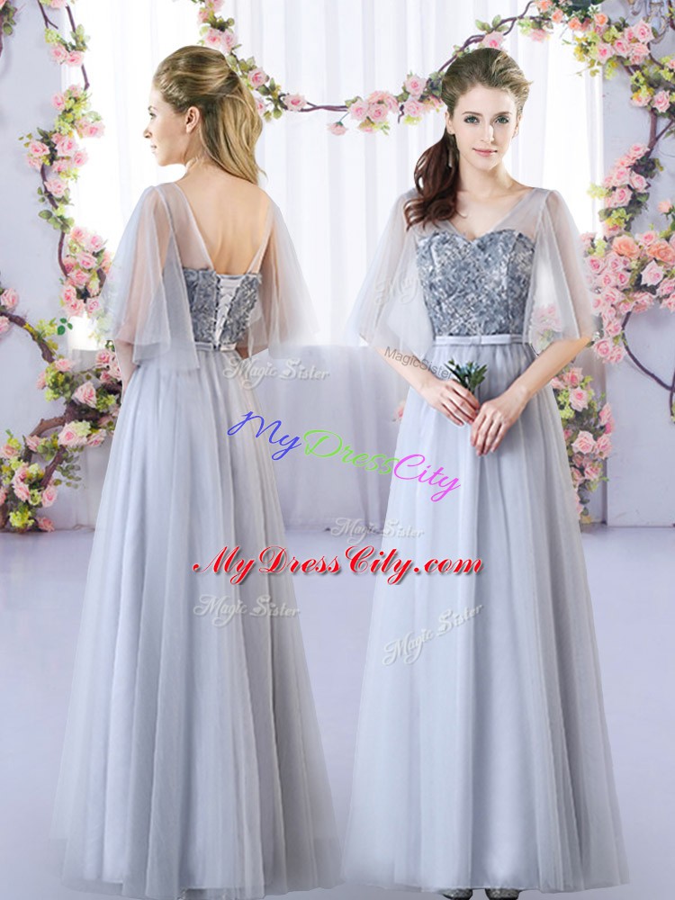 Grey Tulle Lace Up Bridesmaid Dress Sleeveless Floor Length Appliques