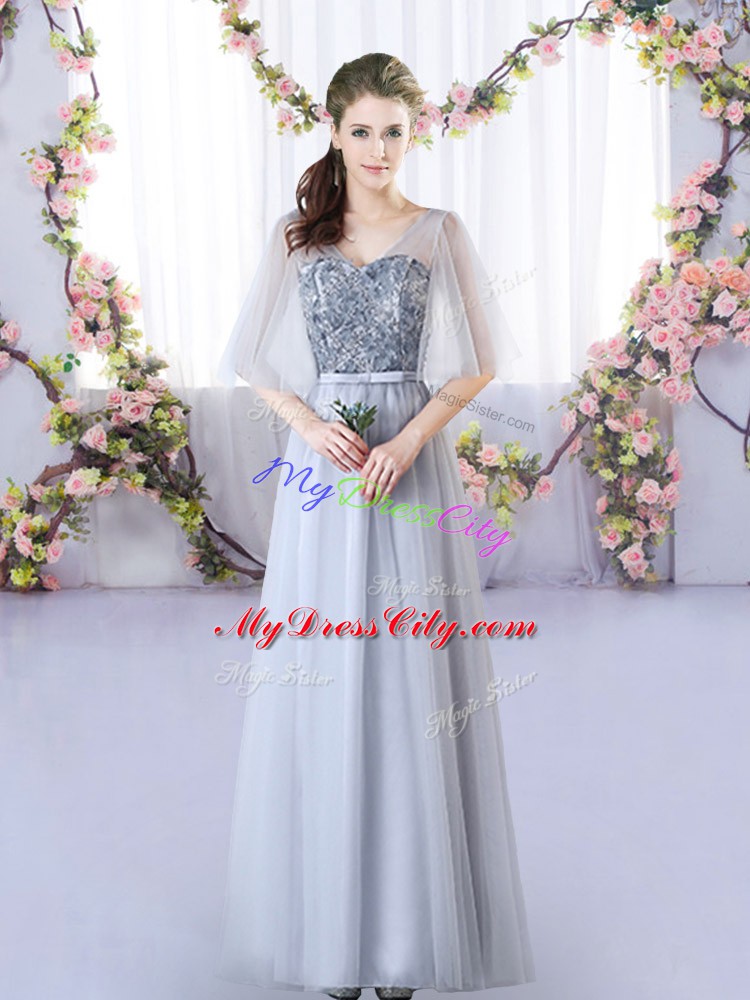 Grey Tulle Lace Up Bridesmaid Dress Sleeveless Floor Length Appliques