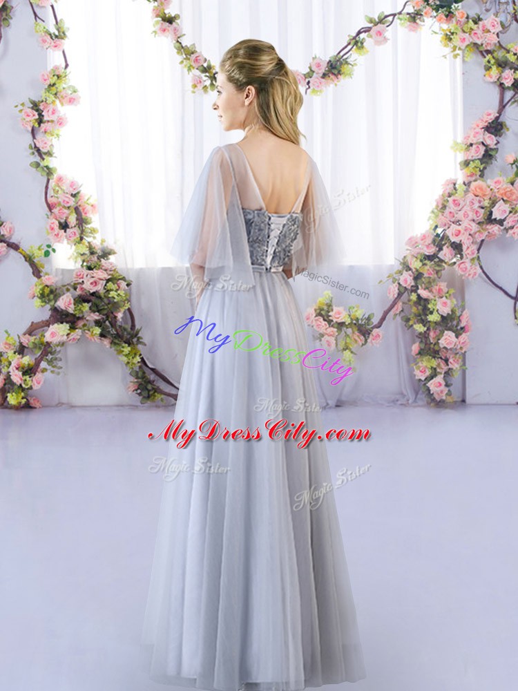 Grey Tulle Lace Up Bridesmaid Dress Sleeveless Floor Length Appliques