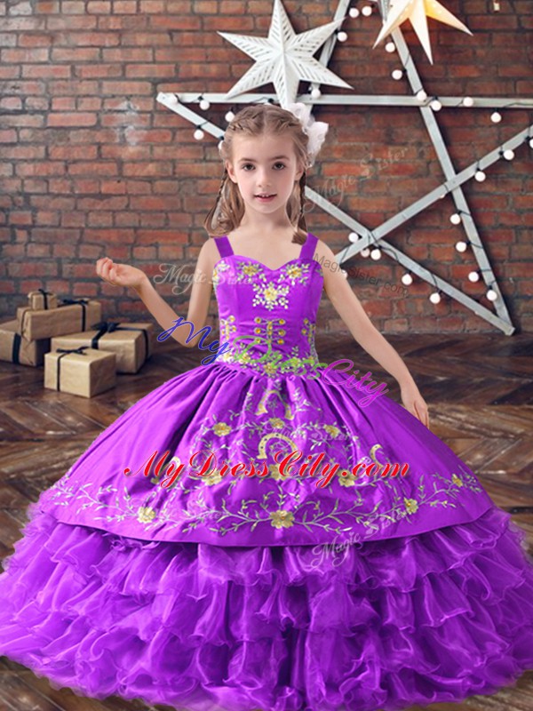 Enchanting Lavender Straps Lace Up Embroidery and Ruffled Layers Little Girl Pageant Dress Sleeveless