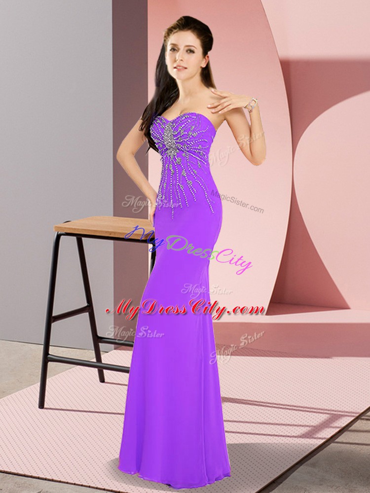 High Class Floor Length Zipper Evening Gowns Lavender for Prom and Party with Beading