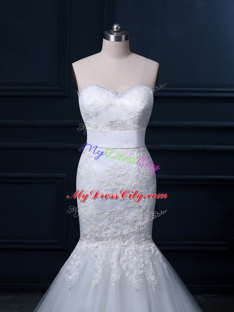 Fine White Wedding Dress Sweetheart Sleeveless Brush Train Zipper