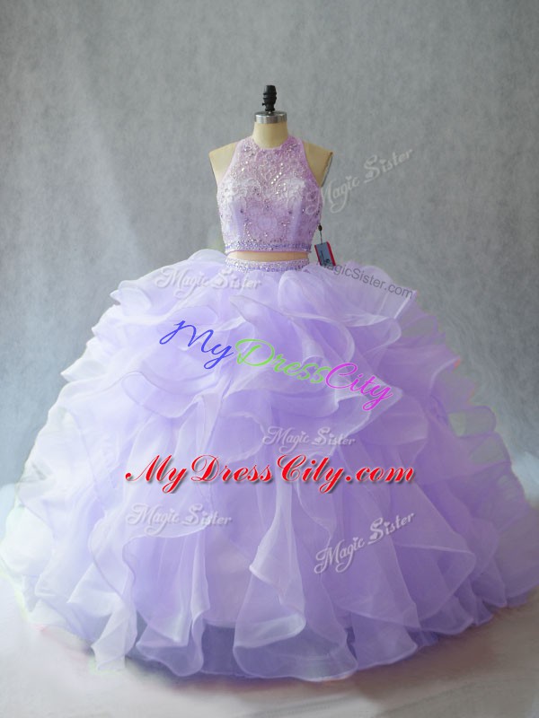 Amazing Lavender Ball Gowns Beading and Ruffles 15th Birthday Dress Backless Organza Sleeveless