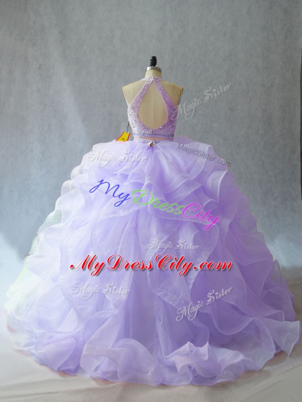 Amazing Lavender Ball Gowns Beading and Ruffles 15th Birthday Dress Backless Organza Sleeveless