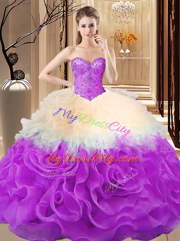 Hot Selling Sweetheart Sleeveless 15 Quinceanera Dress Floor Length Beading and Ruffles Multi-color Fabric With Rolling Flowers