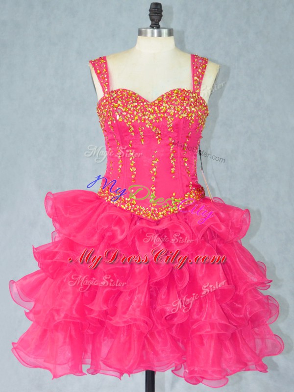 Hot Pink Ball Gowns Halter Top Sleeveless Organza Mini Length Lace Up Beading and Ruffled Layers Evening Dress