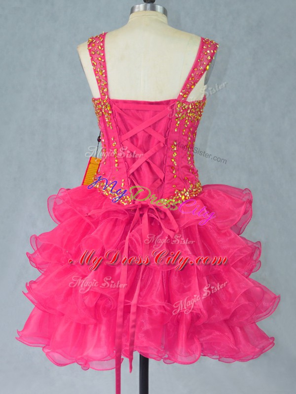 Hot Pink Ball Gowns Halter Top Sleeveless Organza Mini Length Lace Up Beading and Ruffled Layers Evening Dress