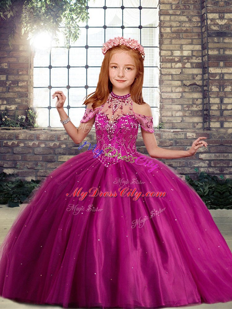 Fuchsia High-neck Lace Up Beading Child Pageant Dress Sleeveless