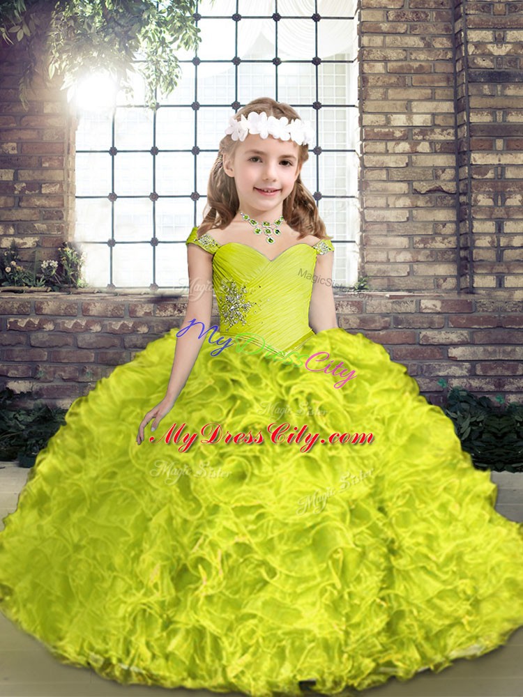 Custom Made Floor Length Yellow Green Pageant Dress Wholesale Straps Sleeveless Lace Up