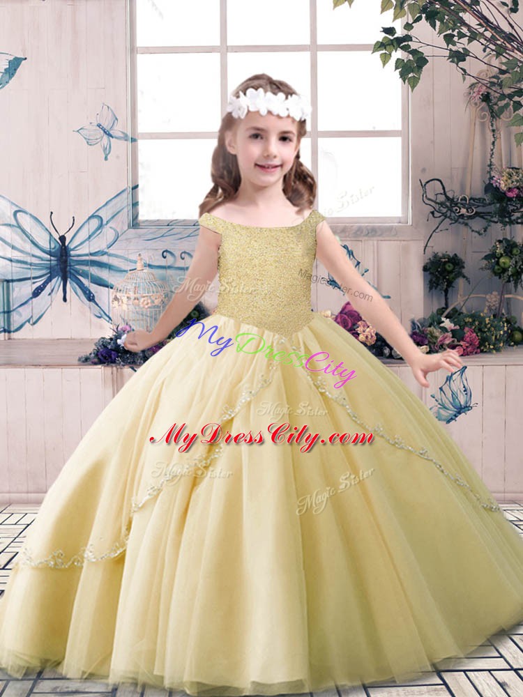 High Class Floor Length Champagne Kids Pageant Dress Off The Shoulder Sleeveless Lace Up