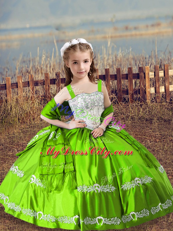 Stunning Satin Sleeveless Floor Length Little Girls Pageant Gowns and Beading and Embroidery