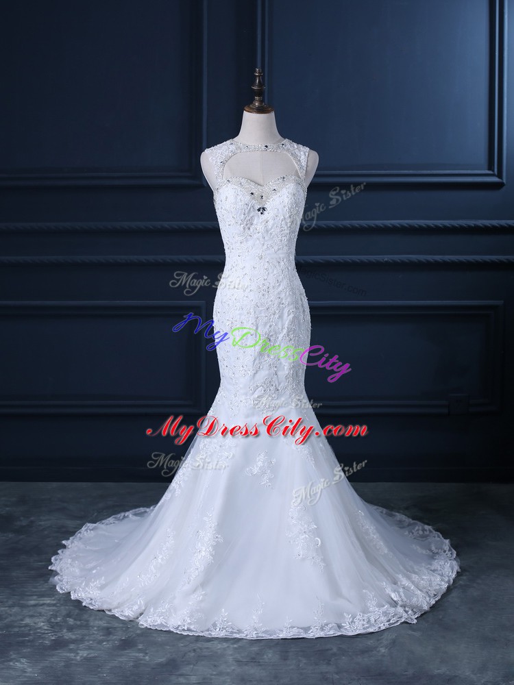 Enchanting White Wedding Gown Scoop Sleeveless Brush Train Backless