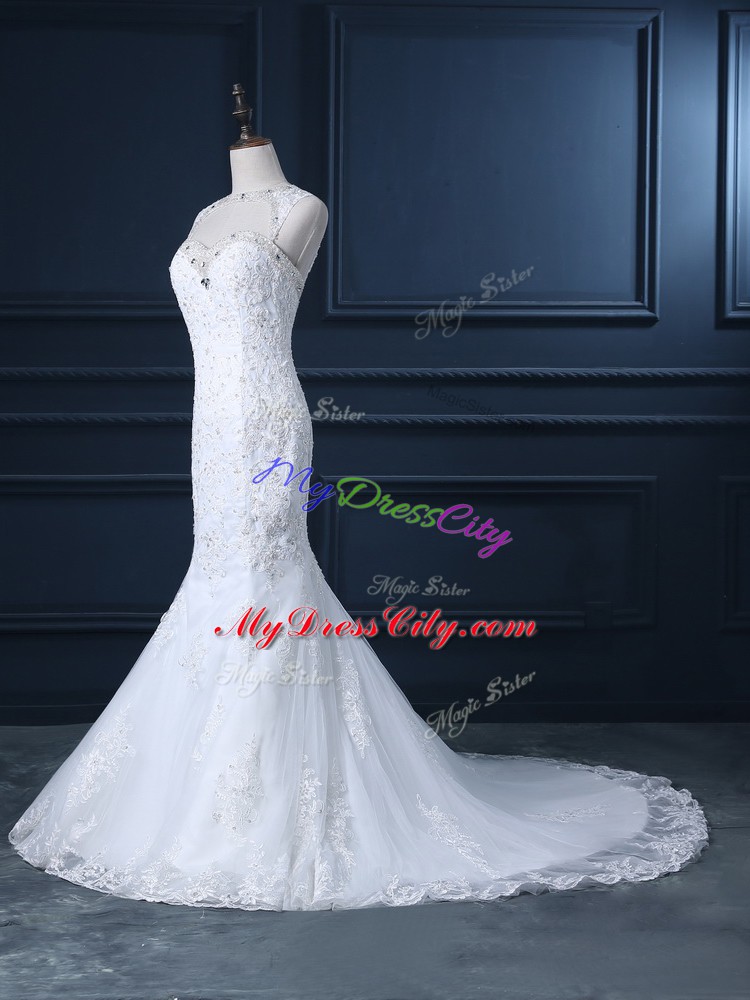 Enchanting White Wedding Gown Scoop Sleeveless Brush Train Backless