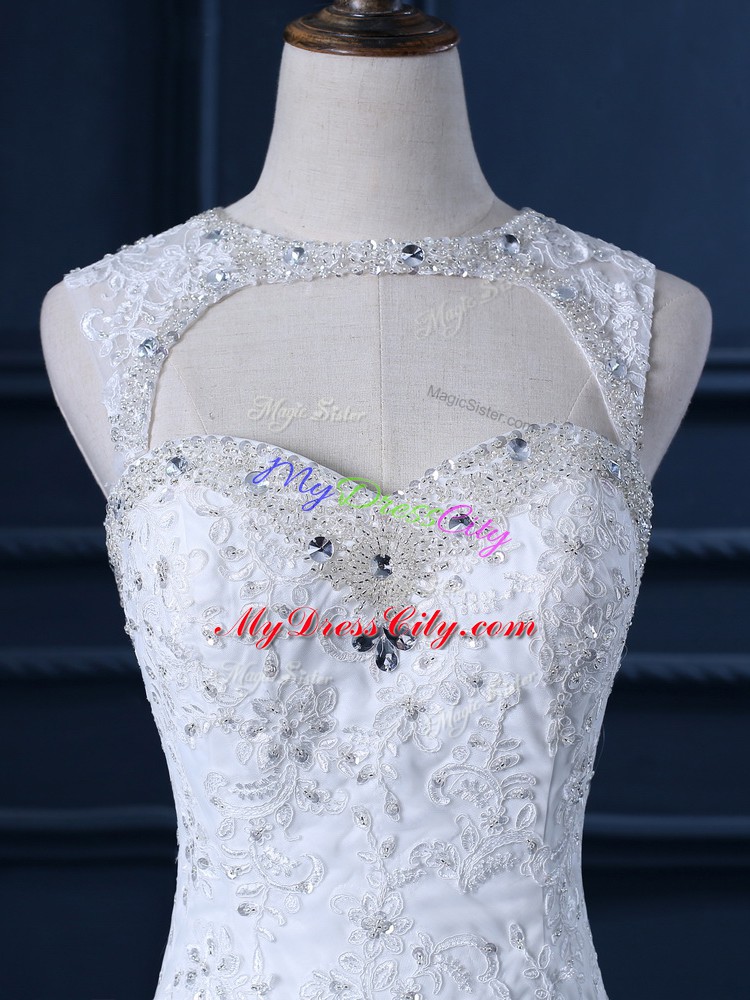 Enchanting White Wedding Gown Scoop Sleeveless Brush Train Backless