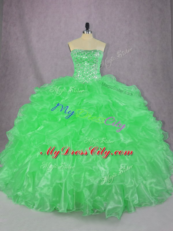 Custom Made Green Organza Lace Up Sweet 16 Dresses Sleeveless Floor Length Beading and Ruffles