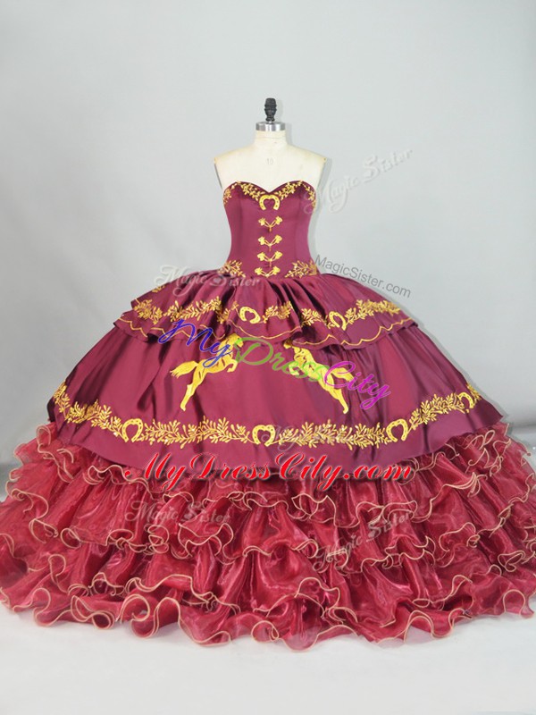 Embroidery and Ruffled Layers Quince Ball Gowns Burgundy Lace Up Sleeveless Brush Train