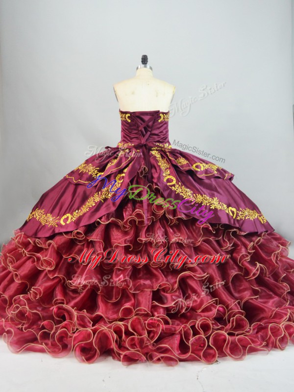 Embroidery and Ruffled Layers Quince Ball Gowns Burgundy Lace Up Sleeveless Brush Train