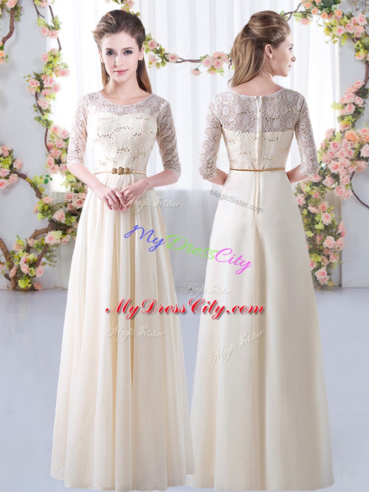 Fabulous Champagne Empire Lace and Belt Bridesmaid Dresses Zipper Chiffon Half Sleeves Floor Length