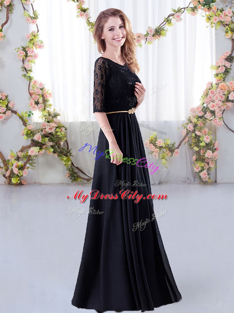 Fabulous Champagne Empire Lace and Belt Bridesmaid Dresses Zipper Chiffon Half Sleeves Floor Length