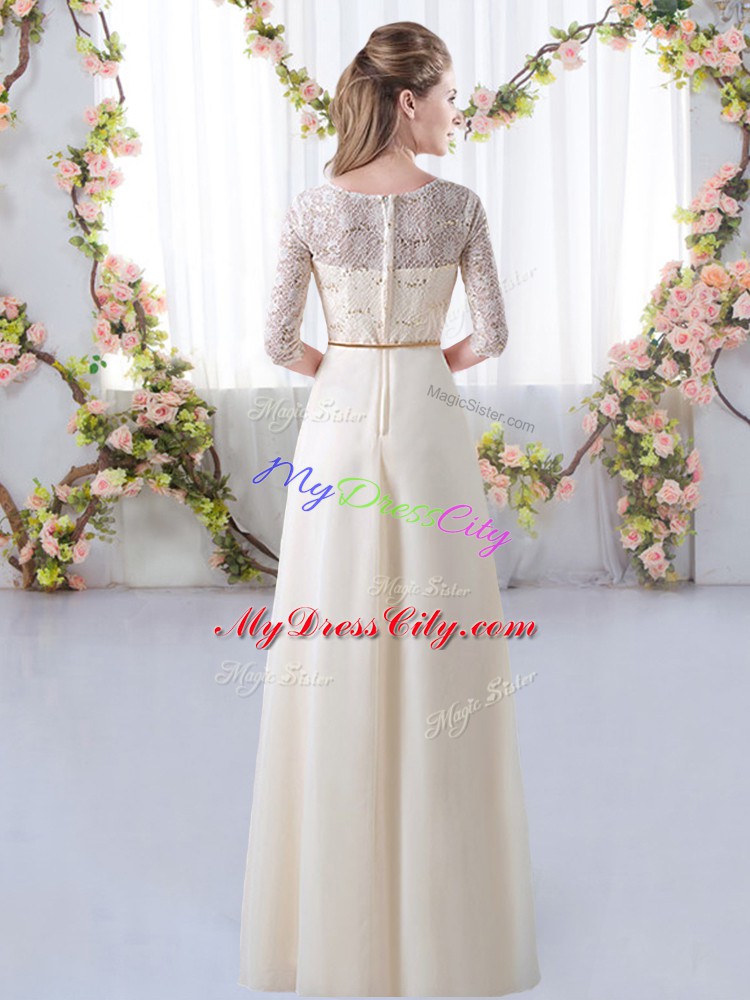 Fabulous Champagne Empire Lace and Belt Bridesmaid Dresses Zipper Chiffon Half Sleeves Floor Length