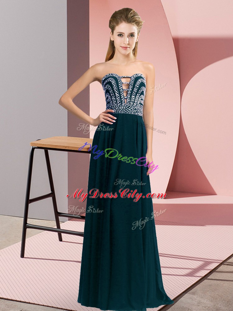 Fabulous Teal Empire Beading Womens Evening Dresses Lace Up Chiffon Sleeveless Floor Length