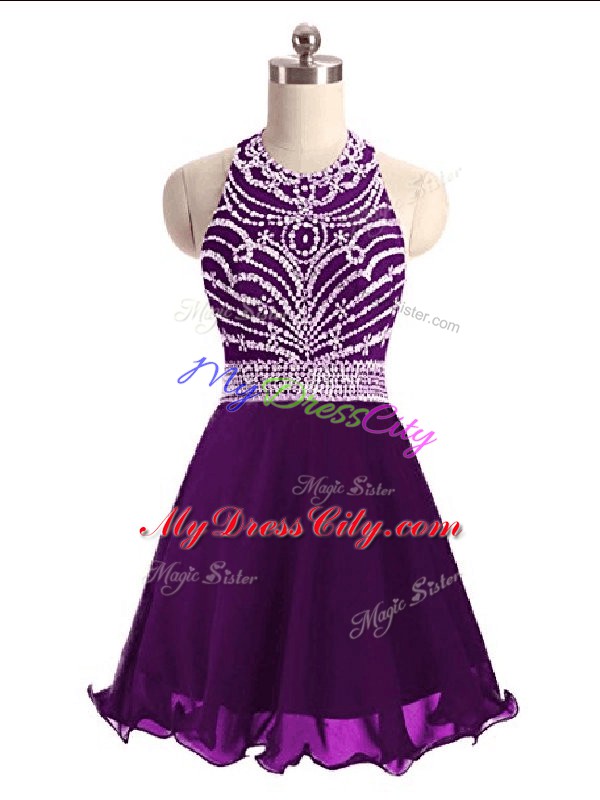 Mini Length A-line Sleeveless Eggplant Purple Prom Dress Lace Up