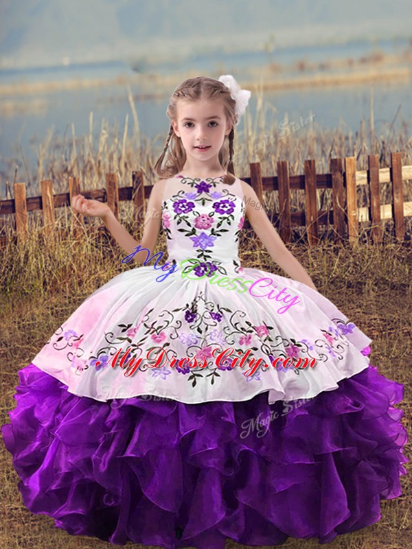 Organza Sleeveless Floor Length Custom Made Pageant Dress and Embroidery and Ruffles