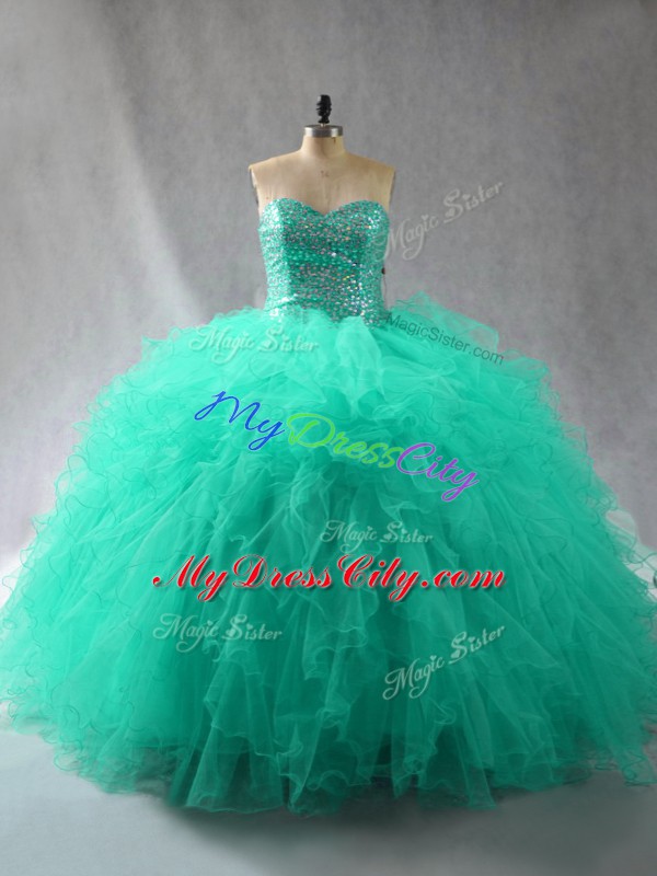 Luxury Turquoise Sweetheart Neckline Beading and Ruffles Quinceanera Dress Sleeveless Lace Up