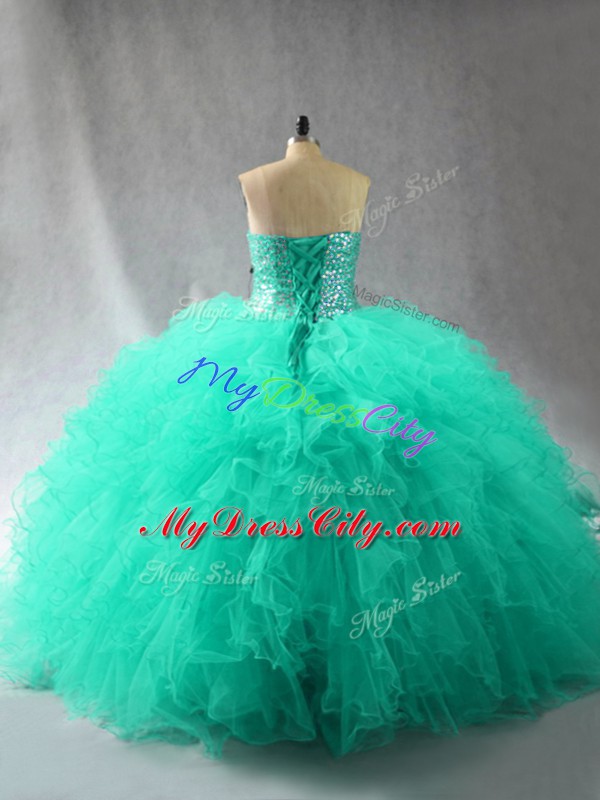 Luxury Turquoise Sweetheart Neckline Beading and Ruffles Quinceanera Dress Sleeveless Lace Up