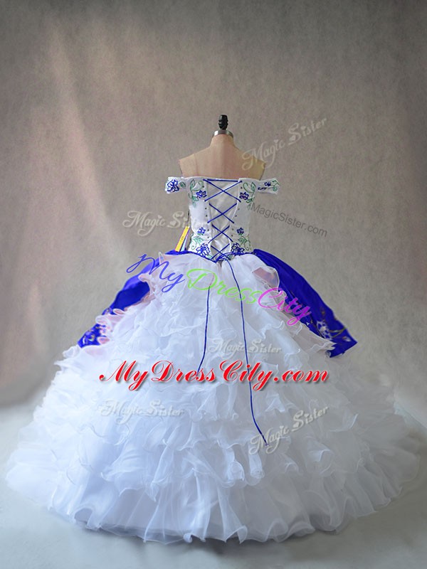 Most Popular Blue And White Off The Shoulder Neckline Embroidery and Ruffles Quince Ball Gowns Sleeveless Lace Up